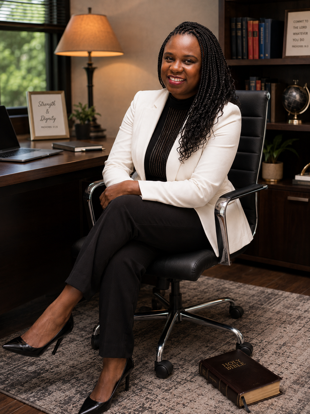 Anopa, founder of Nopa Foundation, at her desk with an open Bible and study journal
