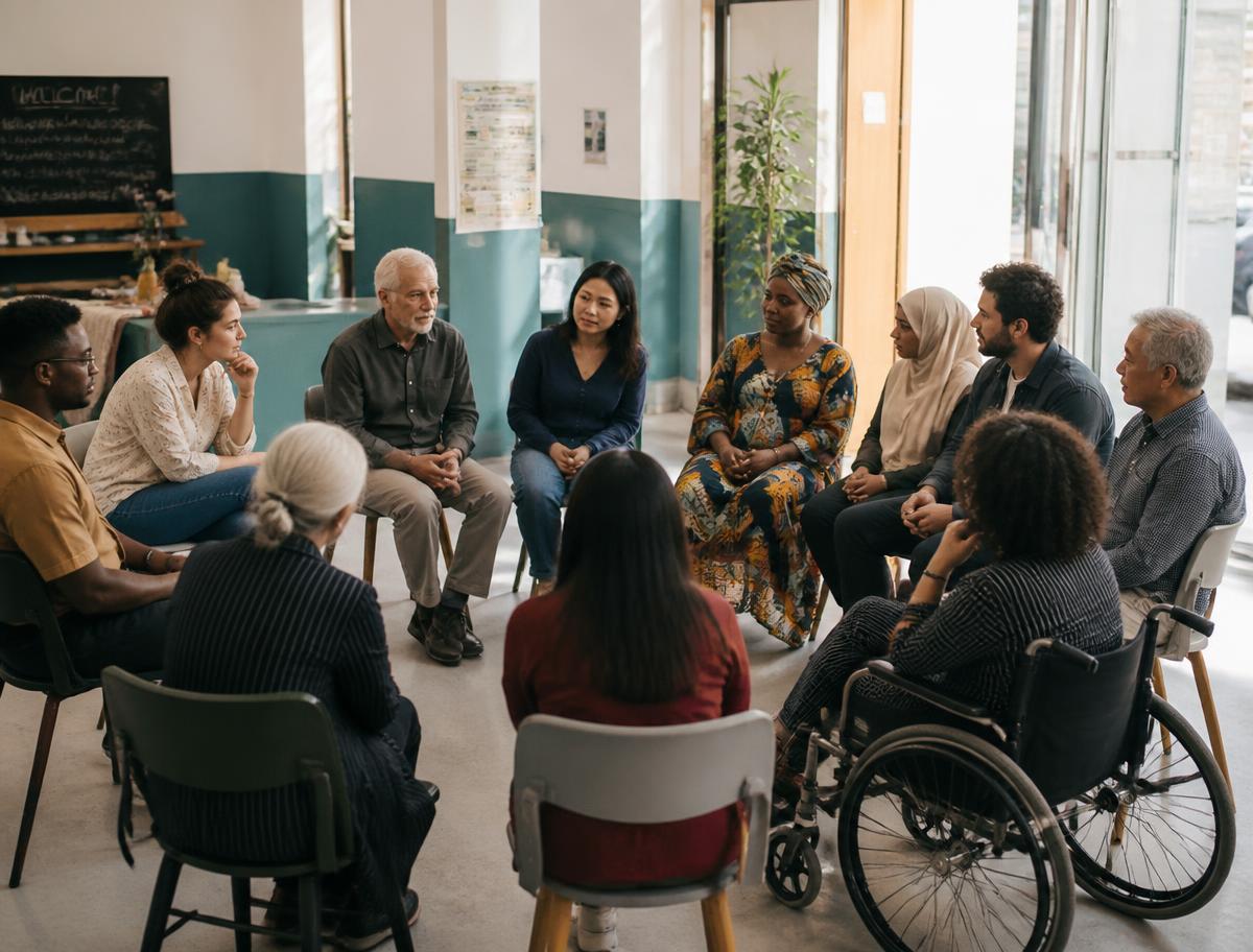 A diverse community gathering of many ages and backgrounds seated in a circle