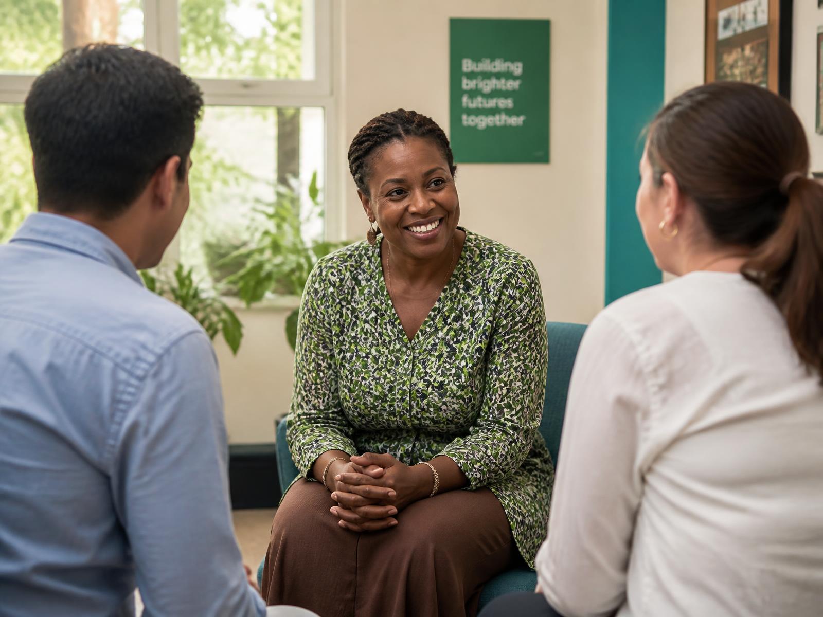 A coach in conversation with two visitors in a bright community office filled with plants