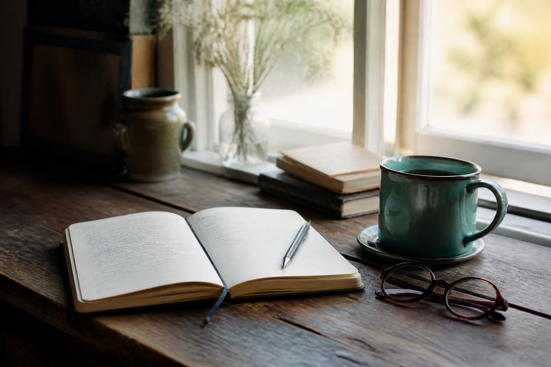 A notebook and a cup of coffee on a kitchen table in quiet morning light