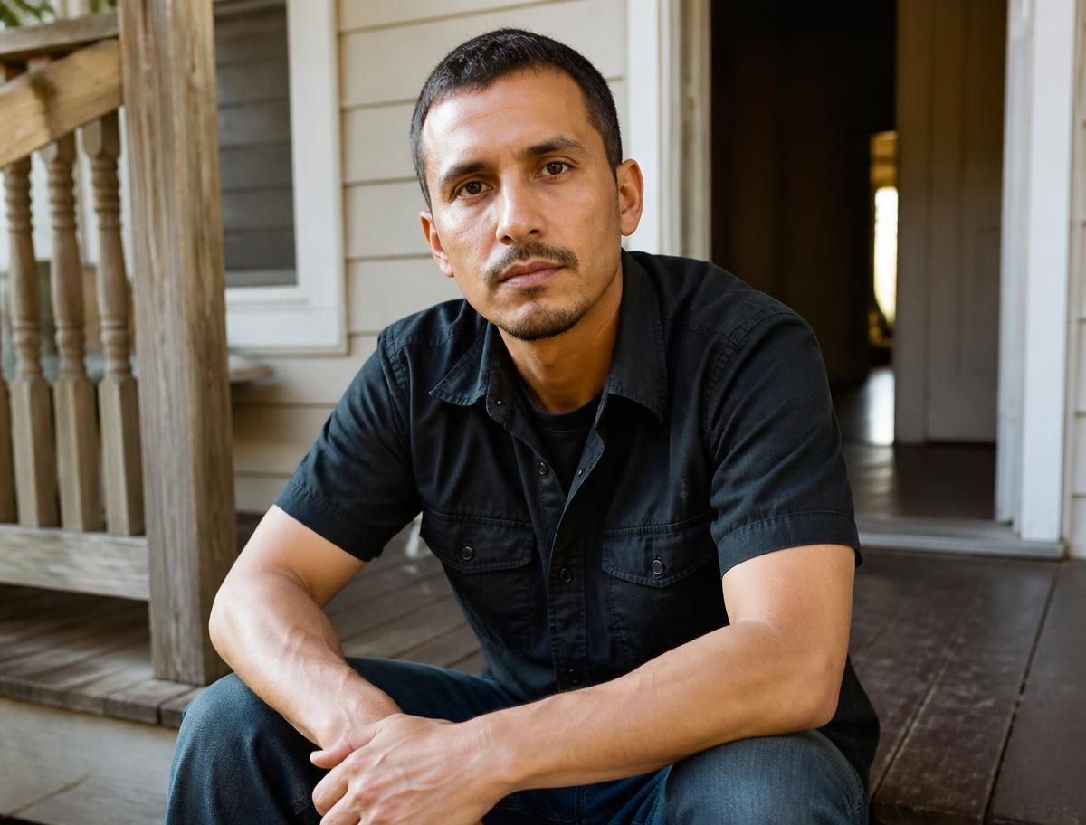 A man sitting on a bench looking away from the camera in a city park