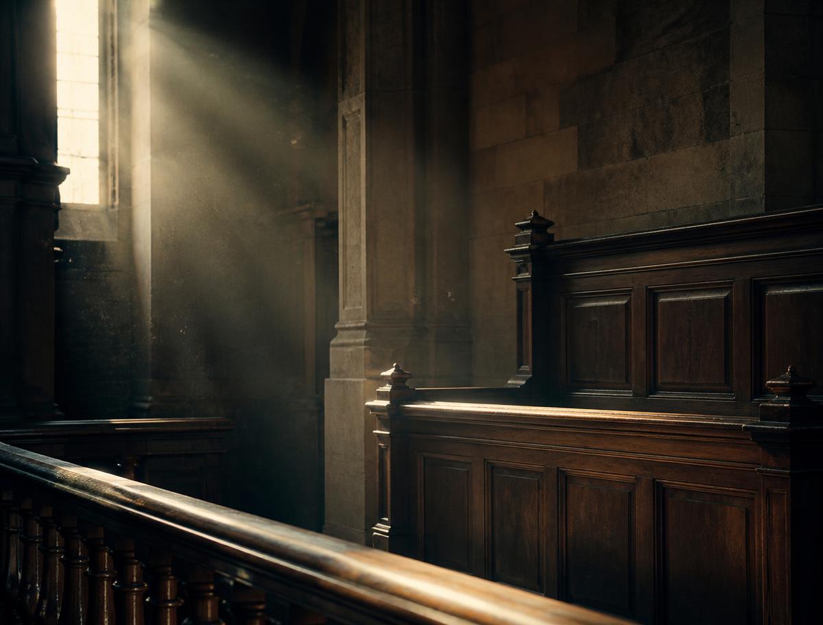 Light falling through a high window onto empty wooden courtroom benches