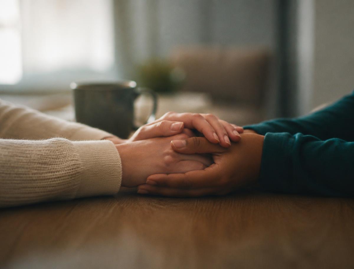 Two pairs of hands clasped gently across a table in a quiet room