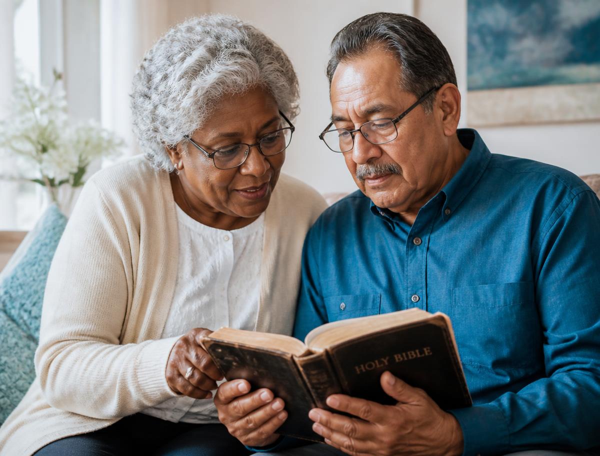 Two older believers reading a worn Bible together in a light filled room