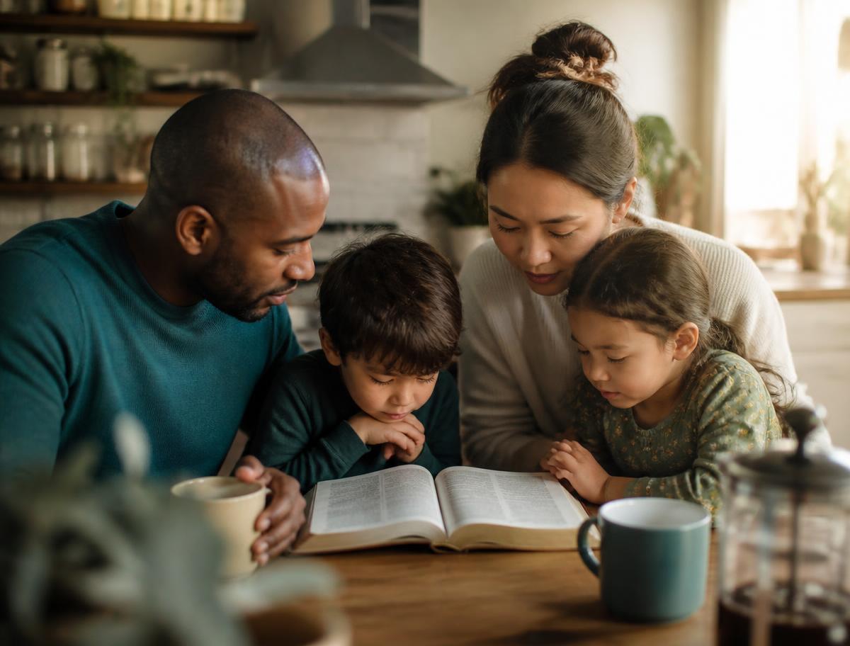 A mixed race family reading scripture together at their kitchen table