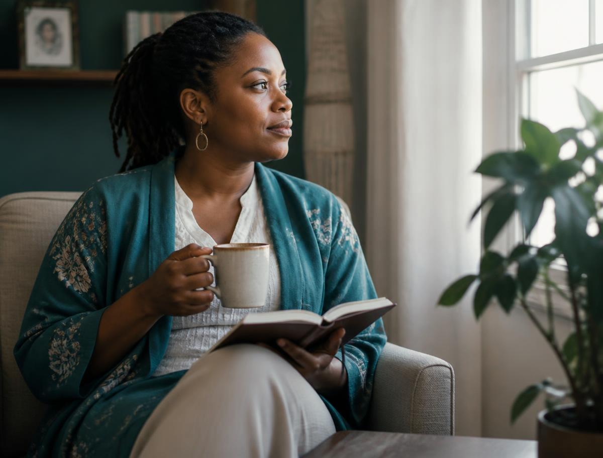 A woman sitting calmly by a window with a journal and a warm mug