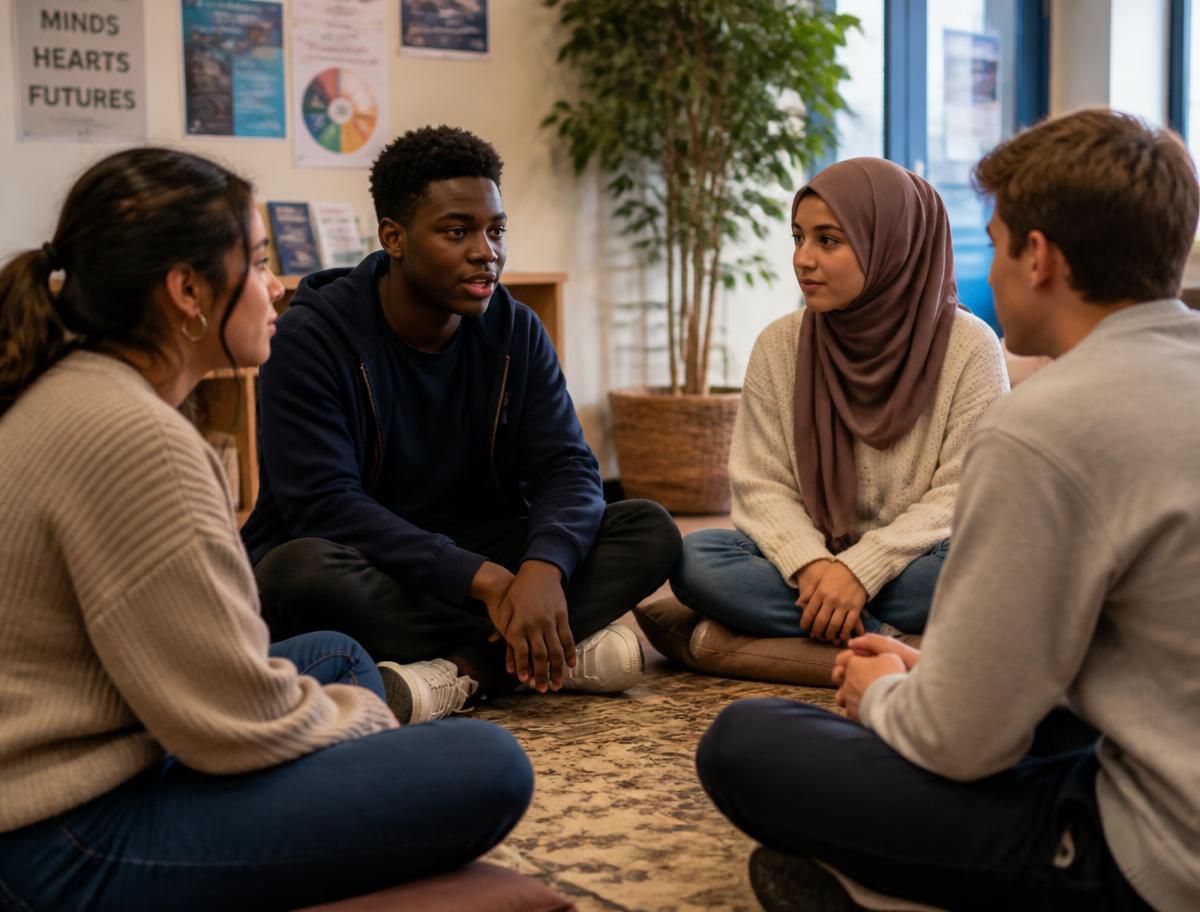 Teenagers of different backgrounds talking in a circle during a small group session