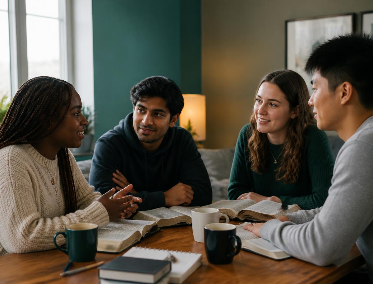 A diverse group of young adults reading open Bibles together around a table